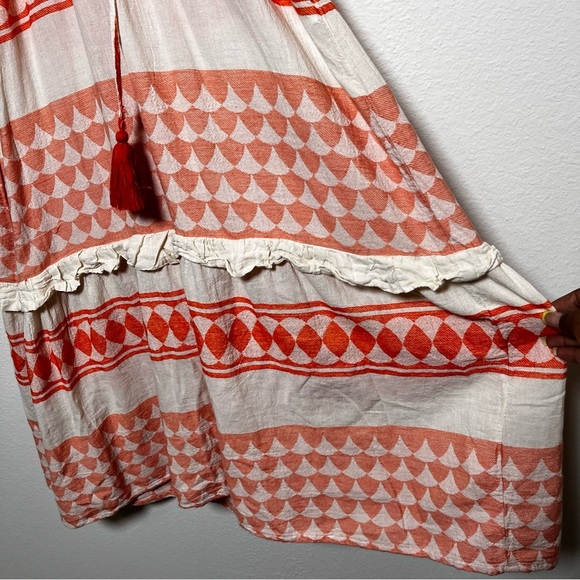 Pearl & Caviar Women Dress M/L Orange Tan Tiered Boho Short Sleeve Green Cottage - Picture 5 of 9